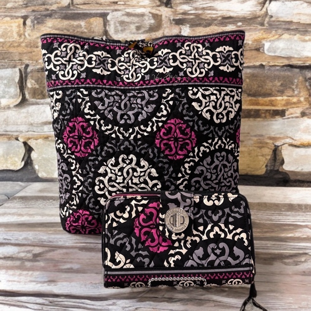 Vera Bradley Toggle Tote Bag Canterberry Magenta Pattern & Turnlock Wallet EUC